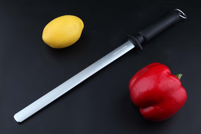 Стальной мусат с алмазным напылением для правки ножей Flugel 26 см, овальный, зернистость 1200 Grit, средний (medium), черная рукоять, США